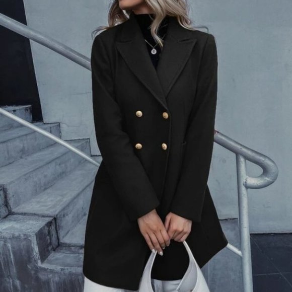 Black Double Breasted Lapel Collar Button Up pocketed Overcoat - Picture 3 of 9